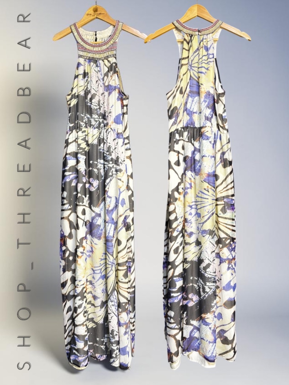 100% Silk [Charlie Jade] Beaded Butterfly Maxi Cocktail Dress + Slit | Medium
